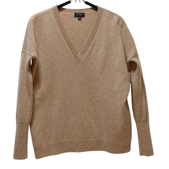 J Crew 100% Cashmere V Neck Boyfriend Sweater Women XXS Camel Tan Preppy Capsule - Picture 1 of 7